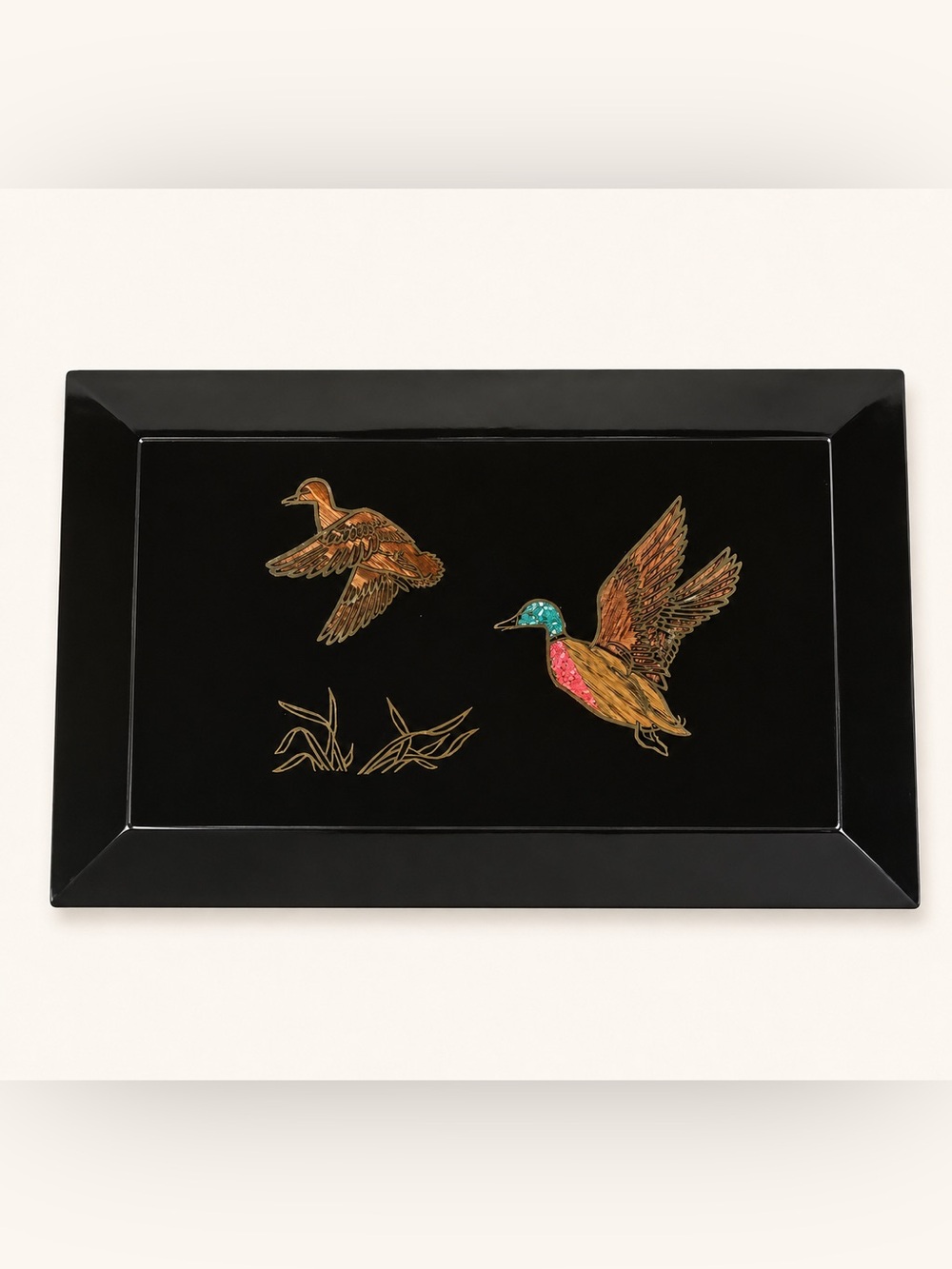 Vintage Couroc Monterey Duck Inlay Black Lacquer Keepsake Box